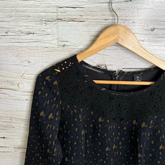 Maison scotch dress long sleeve blue  brown cut out dress size 2 medium - Picture 4 of 12